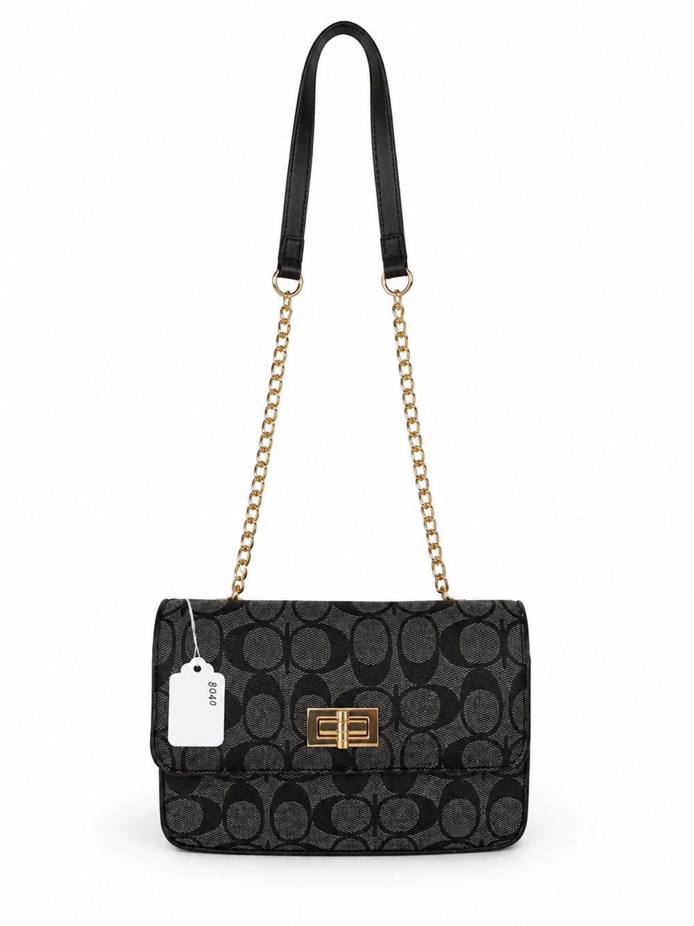 Black Signature Jacquard Shoulder Bag with Gold-Tone Chain